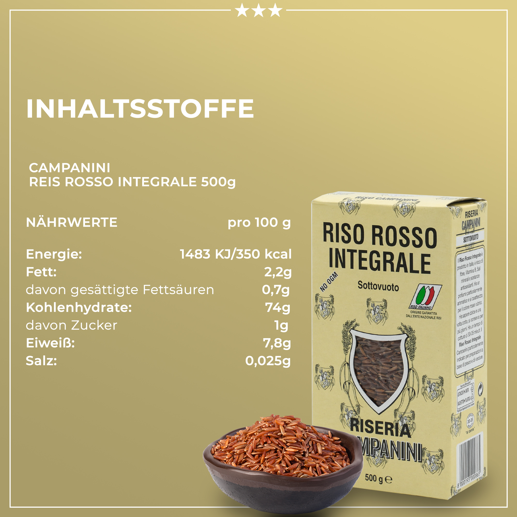 Riso Rosso Integrale | Roter Vollkorn Reis | Risera Campanini | 500g | aus Italien