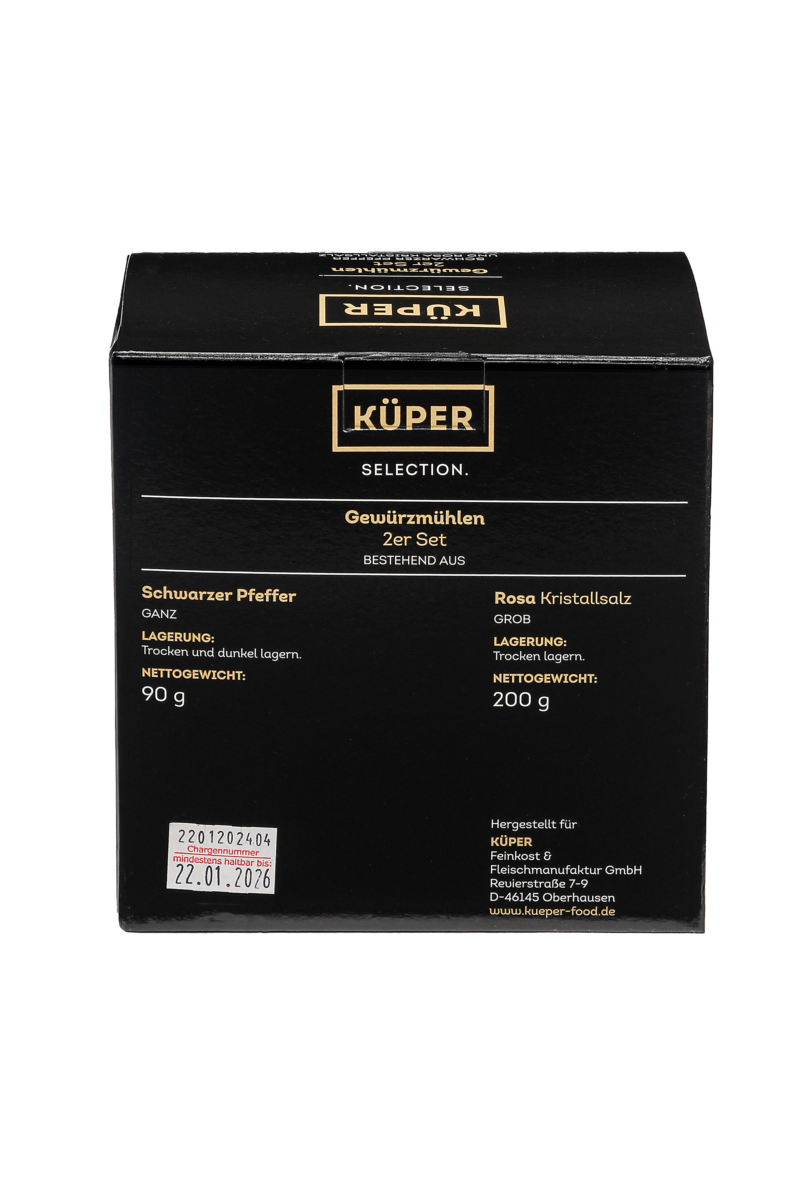 Küper Selection - 2er Gewürzmühlen Set - mit schwarzem Pfeffer und rosa Kristallsalz - Salz und Pfeffermühle - 2er Gewürzset – 90 g Pfeffer - 200 g Salz